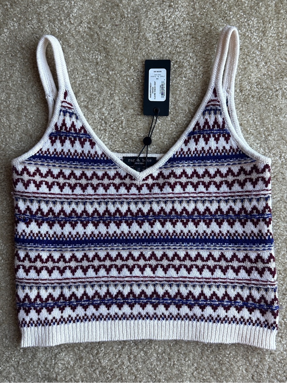 rag & bone Cream Knit Geometric V-Neck Crop Tank with Burgundy and Navy
